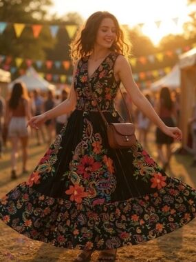 Anthropologie Me2Magic Boho Fiesta BlacK Floral Maxi DRESS Size XL Nwot